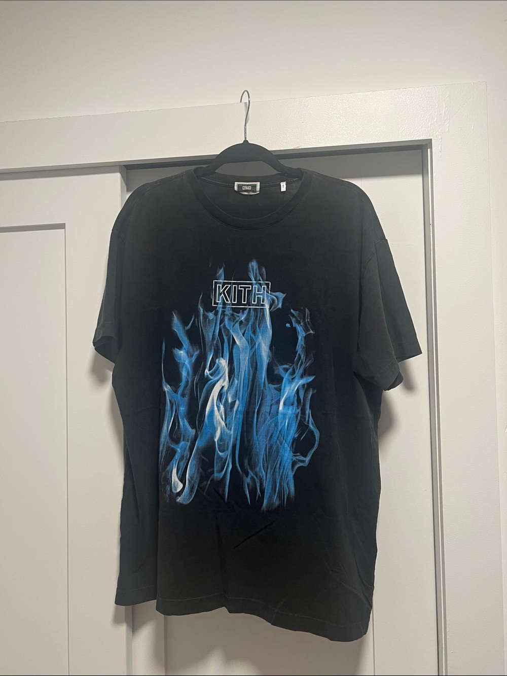 Kith Black Short-Sleeve Tee with Blue Flame Graphic